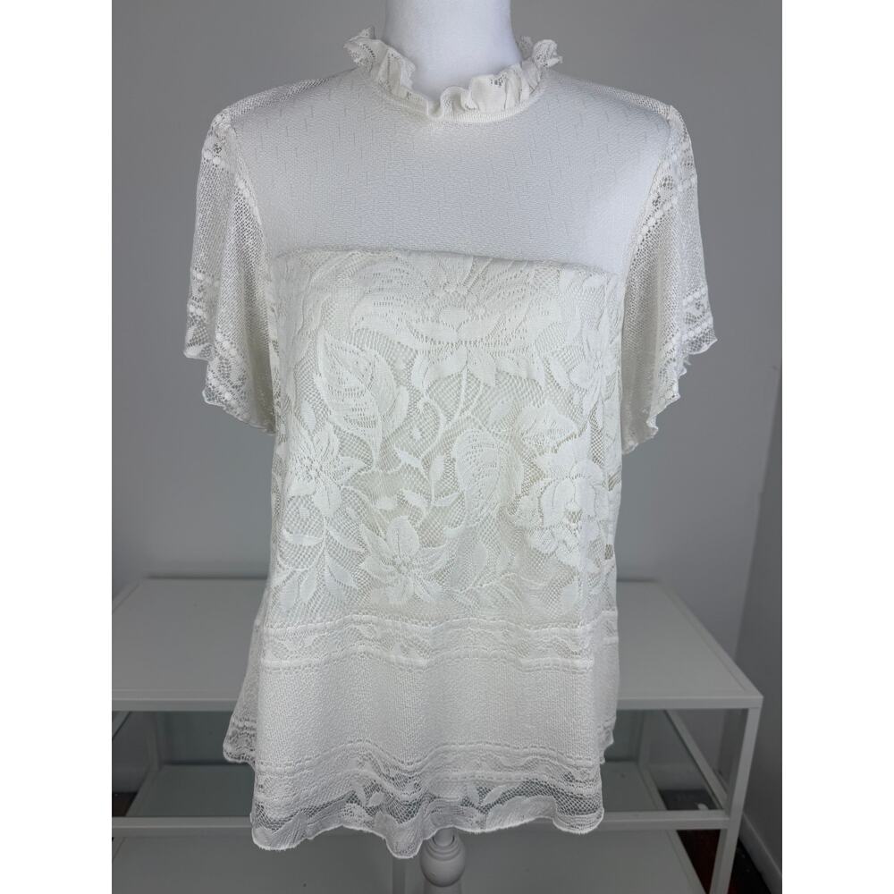 Show Me Your Mumu Womens Floral Lace Panel Short Sheer Sleeves Ivory Blouse XS